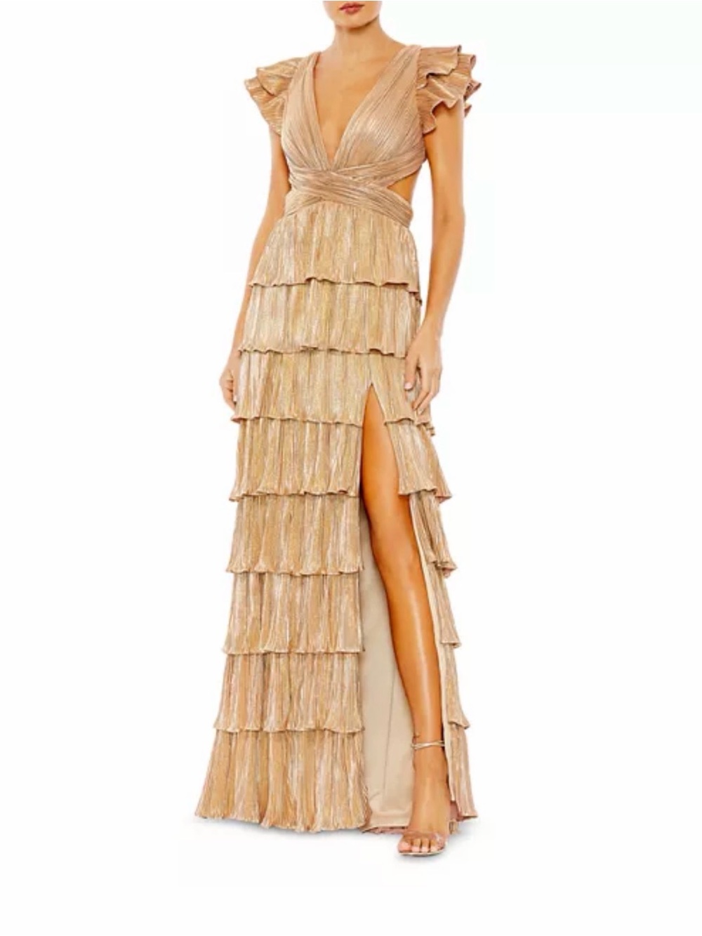 Mac Duggal Ruffle Tiered Criss Cross Lace Up Gown
